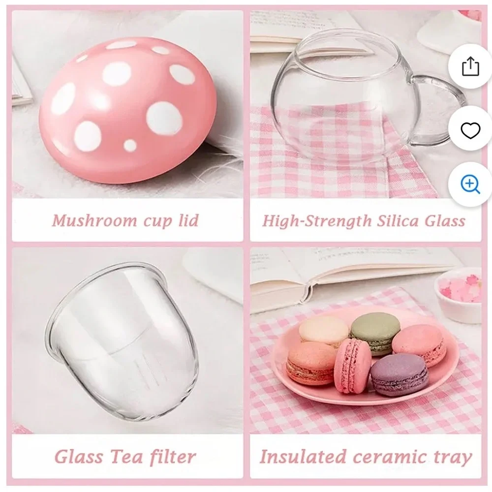 NIB Blue Mushroom Glass Tea Cup With Infuser Lid Saucer